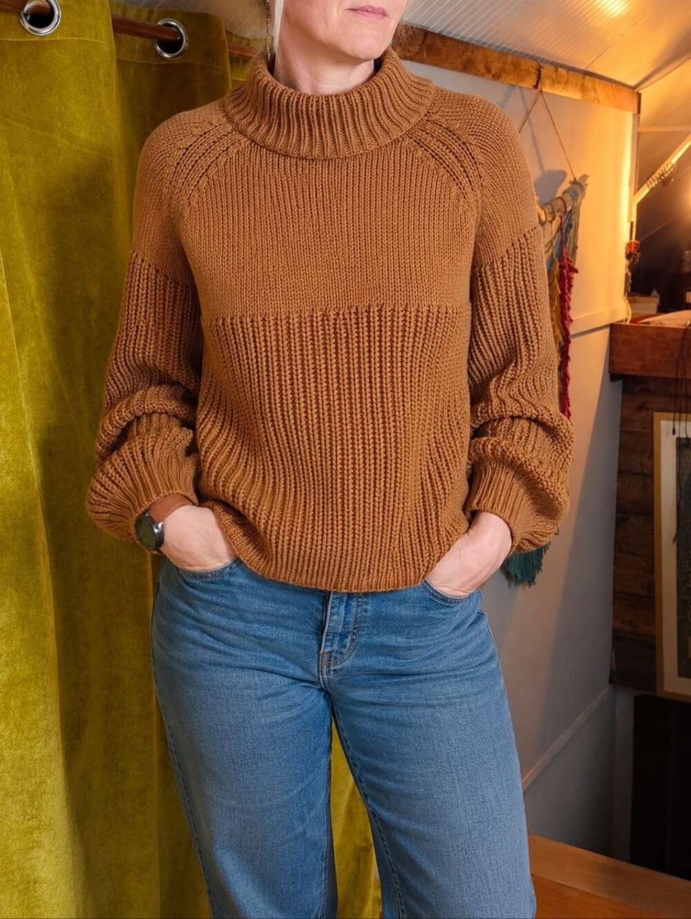 Madewell Chunky Knit Mock Neck Sweater | Balloon Sleeve | Camel Brown | Medium